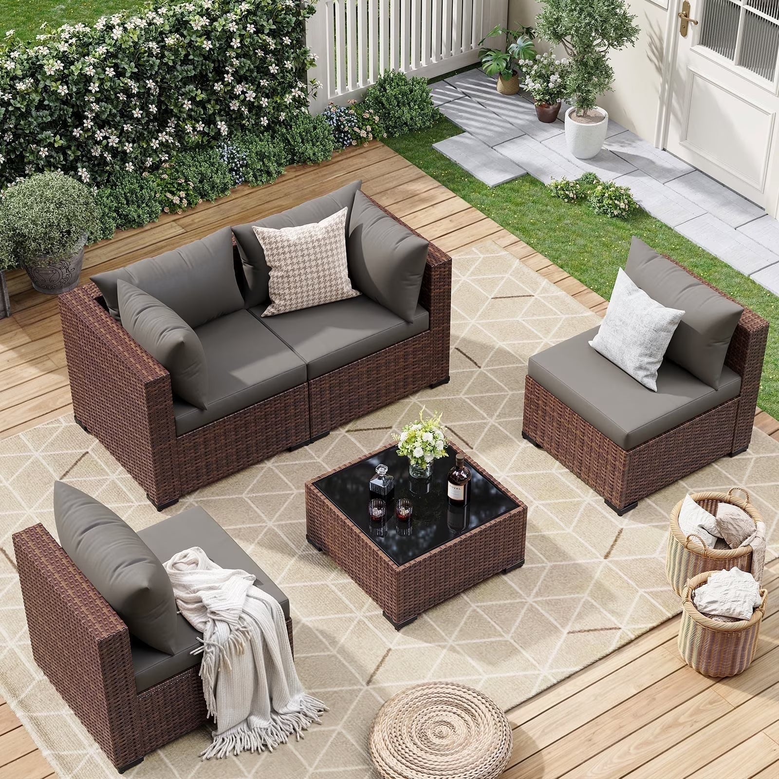 ELPOSUN 7 Pieces Patio Furniture Set All Weather Outdoor Sectional Sofa, Outdoor Modern Sectional Furniture Wicker Couch with Glass Coffee Table, Thicken Red Cushions, Water Resistant