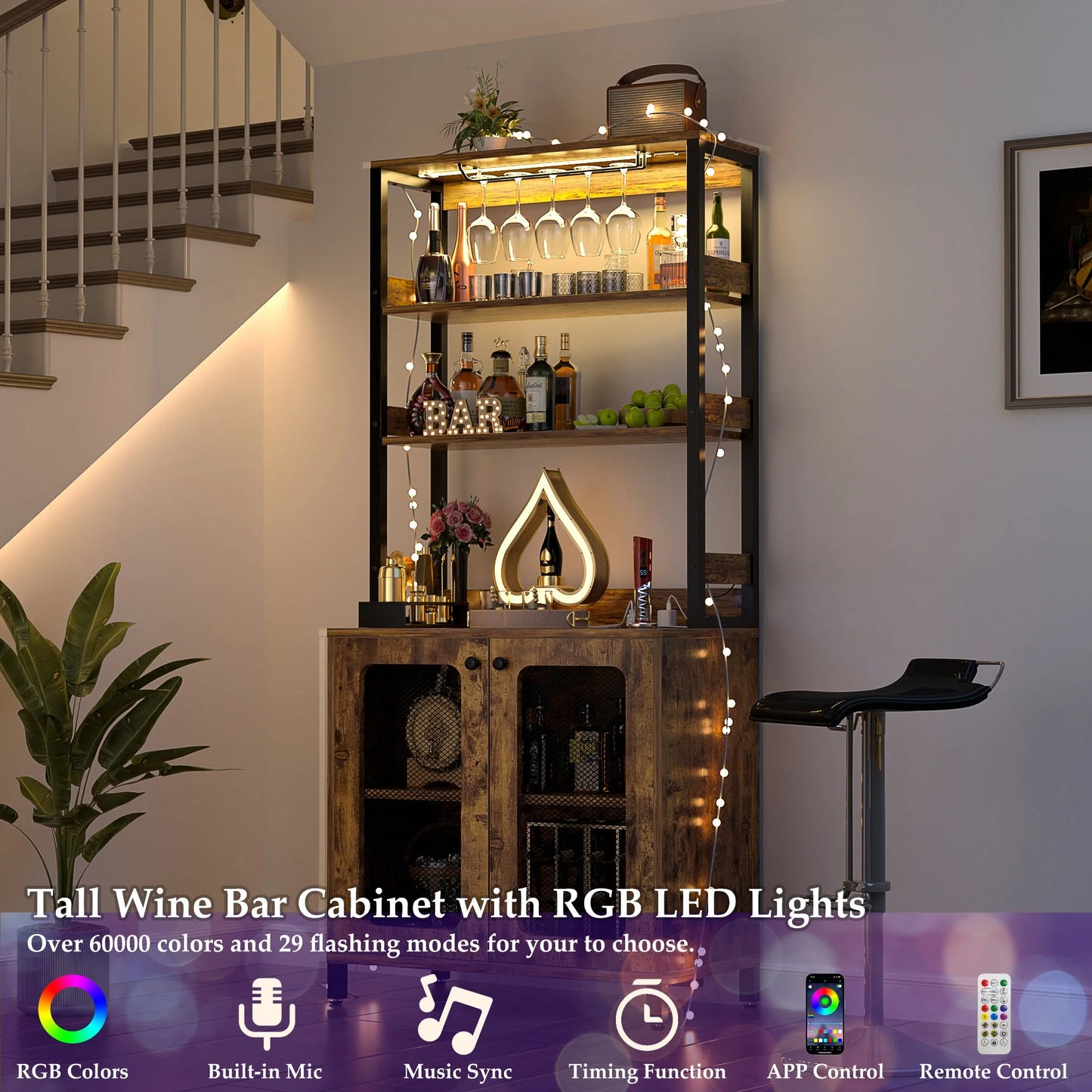 Homieasy Bar Cabinet with Power Outlets, 67" Tall Wine Cabinet Liquor Cabinet with LED Lights and Glass Holder, Coffee Bar Station for Kitchen, Dining Room, Living Room, Black
