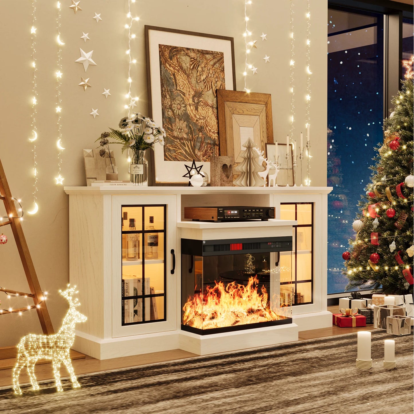 Easoger 59'' Fireplace TV Stand for TVs up to 65", 12 Flame Colors&12 LED Light Colors, TV Console with 3-Sided Glass Fireplace, for Living Room, White