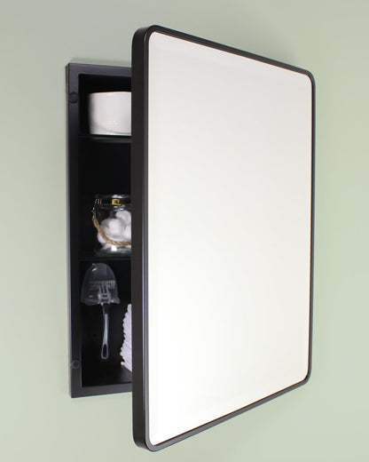 16x20 Austin Farmhouse Metal Framed Rounded Rectangle Recessed Bathroom Medicine Cabinet, Beveled Mirror, 14x18 in-Wall Opening, Powder-coated Steel, Adjustable Glass Shelves, Magnet Close, White