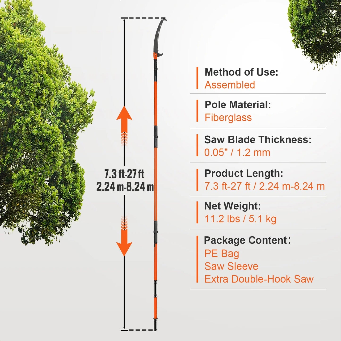 KFFKFF Manual Pole Saw Extendable Tree Pruner 7.3-27ft Fiberglass Pole Hook Knife