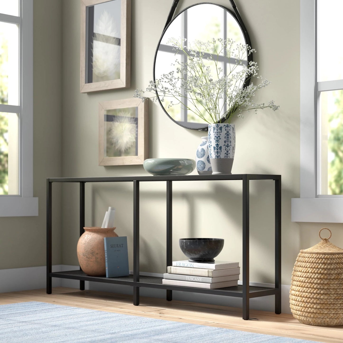 Evelyn& Zoe Contemporary Metal Console Table with Glass Top