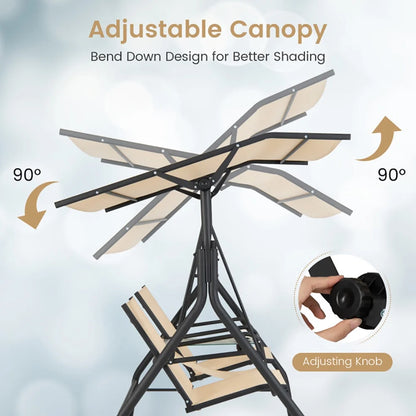 Resenkos Porch Swing, 2-Seat Outdoor Cushioned Porch Swing with Adjustable Canopy and Tempered Glass Table-Beige, Hanging Outdoor Porch Swings for Garden, Backyard