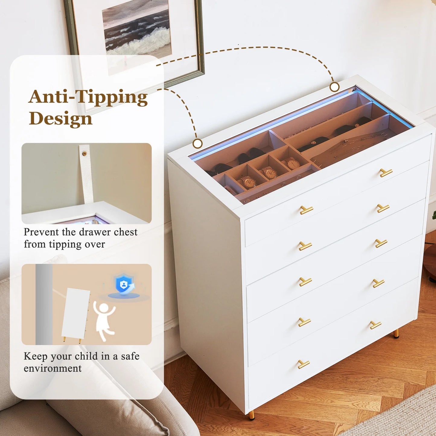 JanflyHome Drawer Dresser with LED Lights, Glass Top, Dresser with 5 Drawers Modern Storage Cabinet for Adult