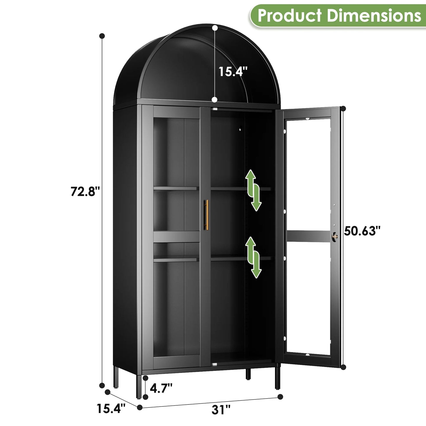 SUXXAN Metal Arched Storage Display Lockable Cabinets with Glass Doors and Adjustable Shelves, Assembly Required, Black