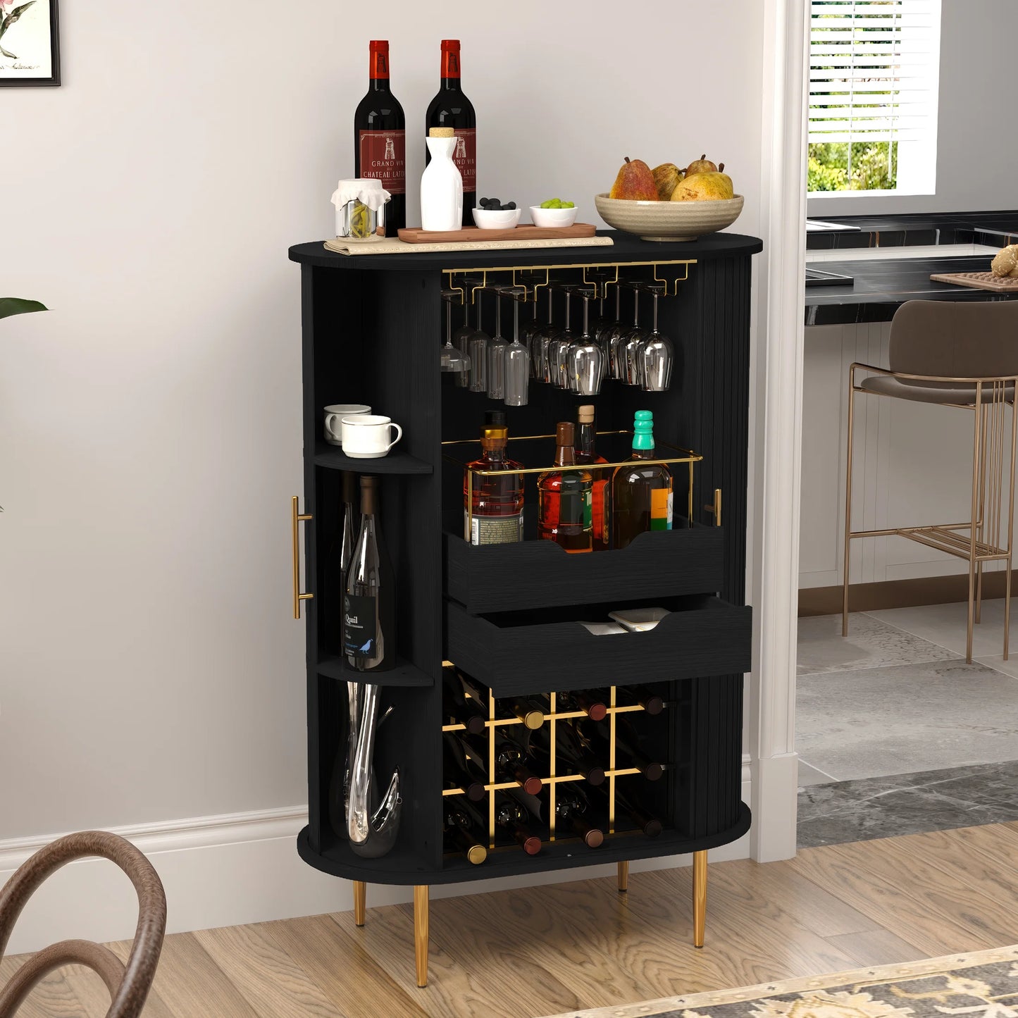 HLR Coffee Bar Cabinet with Tambour Door: Wine Rack, Glass Holder, & Storage Buffet for Home & Living Room Brown