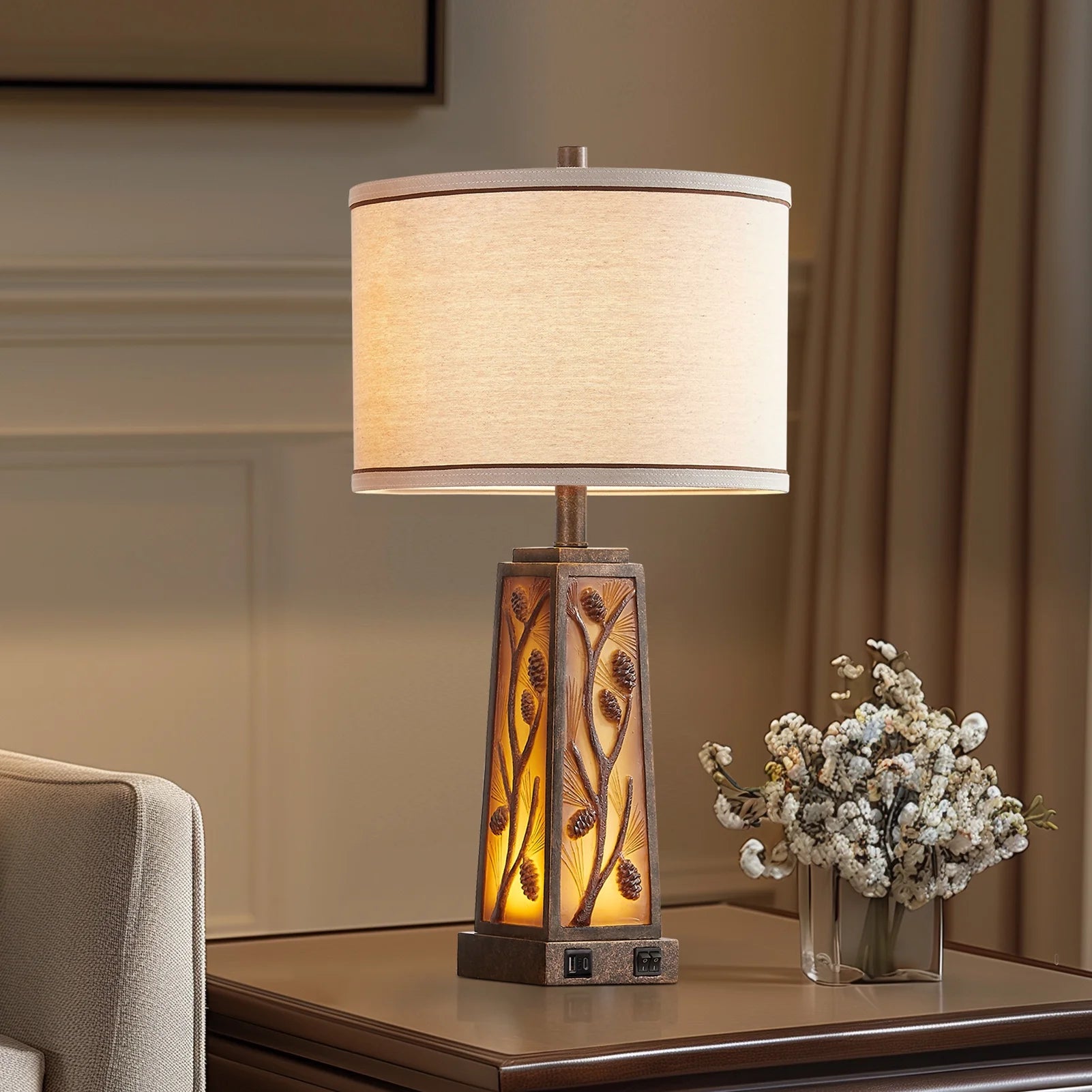 RORIA 24° F Modern Living Room Table Lamp 2-Piece Set with 2 USB Charging Ports, Built-in White Frosted Glass with Night Light, Black Vintage Rustic Farmhouse Lamp for Bedroom Nightstand Lamps