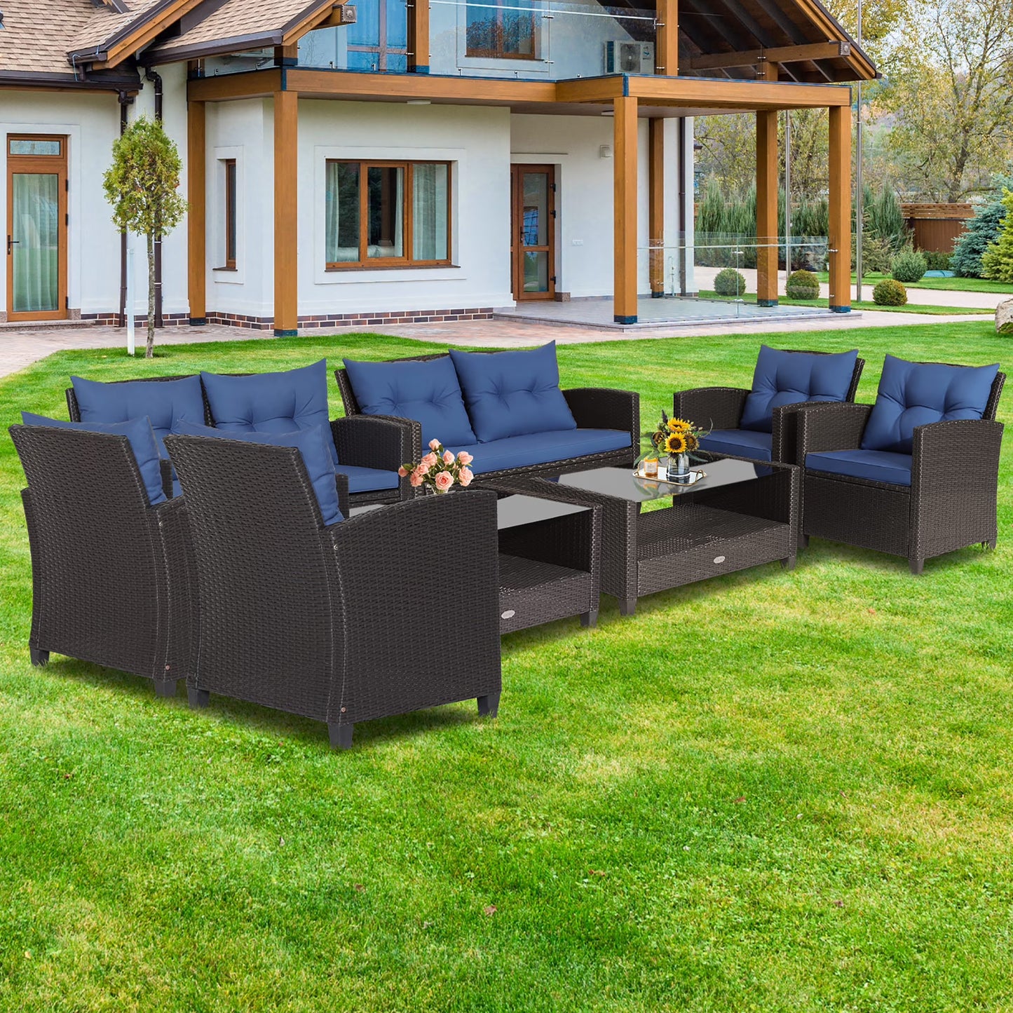 Costway 8 PCS Patio Rattan Furniture Set Glass Table Shelf Sofa Cushion Turquoise