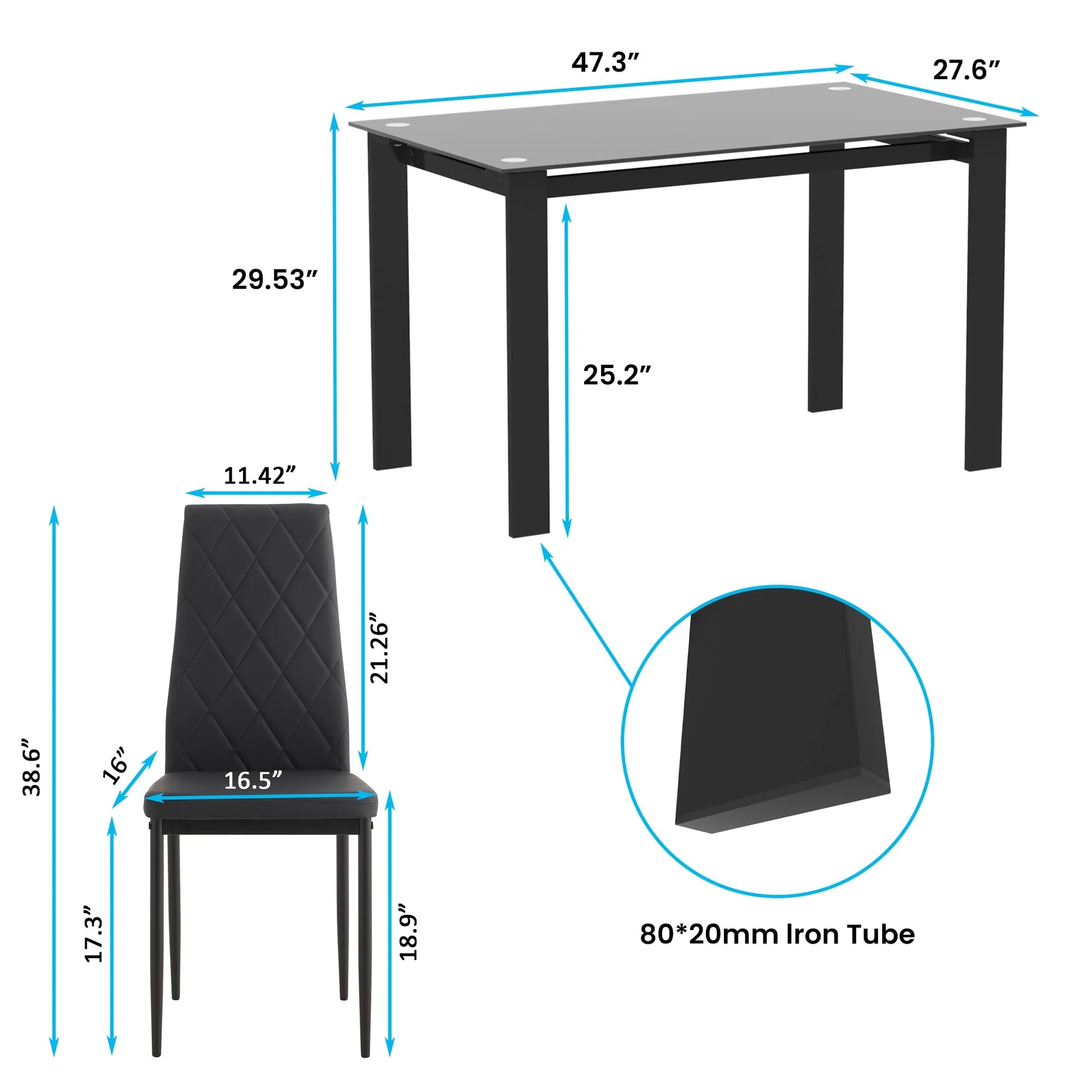 Aukfa 5-Piece Dining Table Set for Dining Room, Kitchen, Dinette, w/Glass Tabletop, 4 Faux Leather Metal Frame Chairs - Black