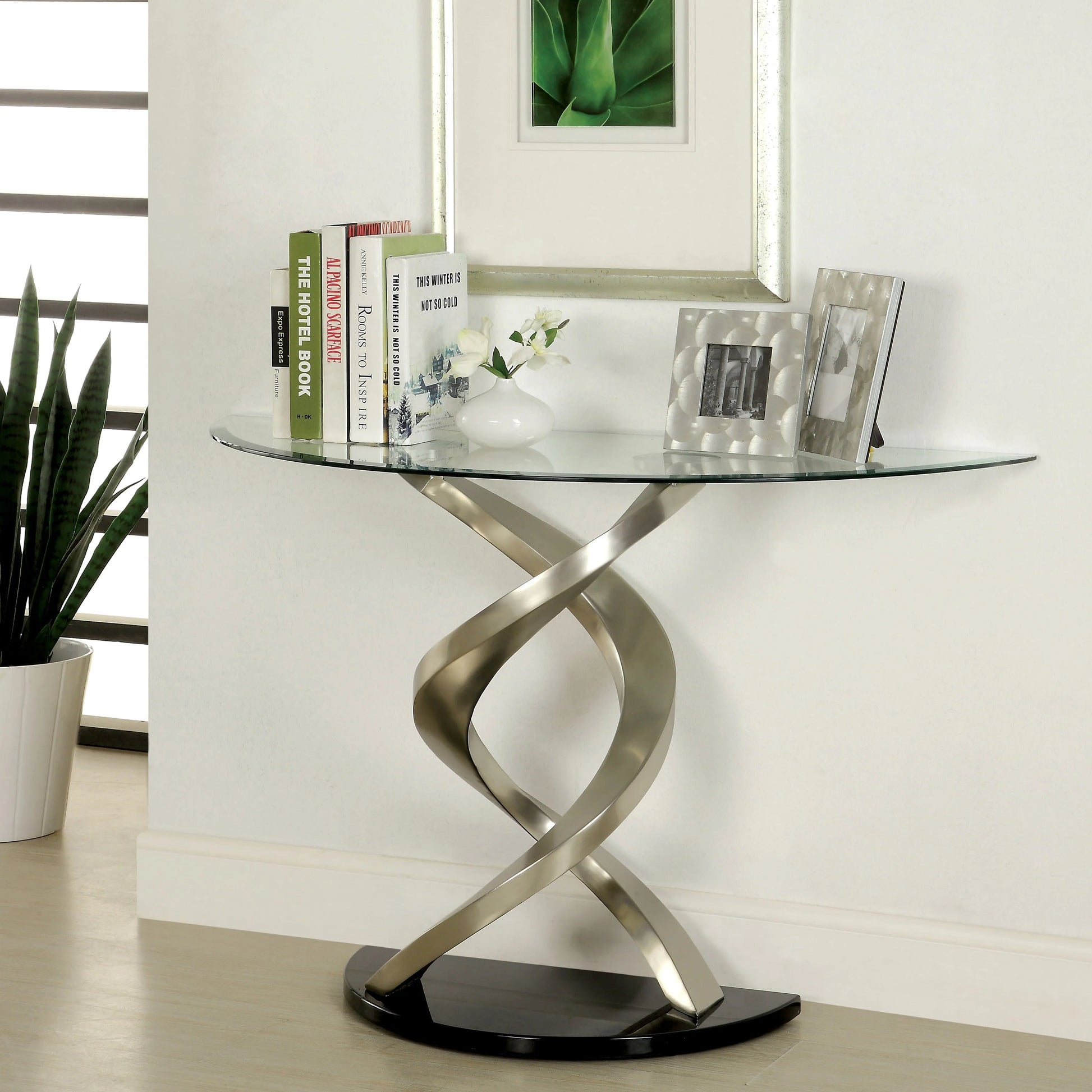 Furniture of America Sele Contemporary Silver 45-inch Glass Top Half-moon Sofa Table by