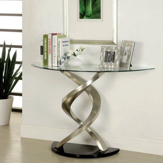 Furniture of America Sele Contemporary Silver 45-inch Glass Top Half-moon Sofa Table by