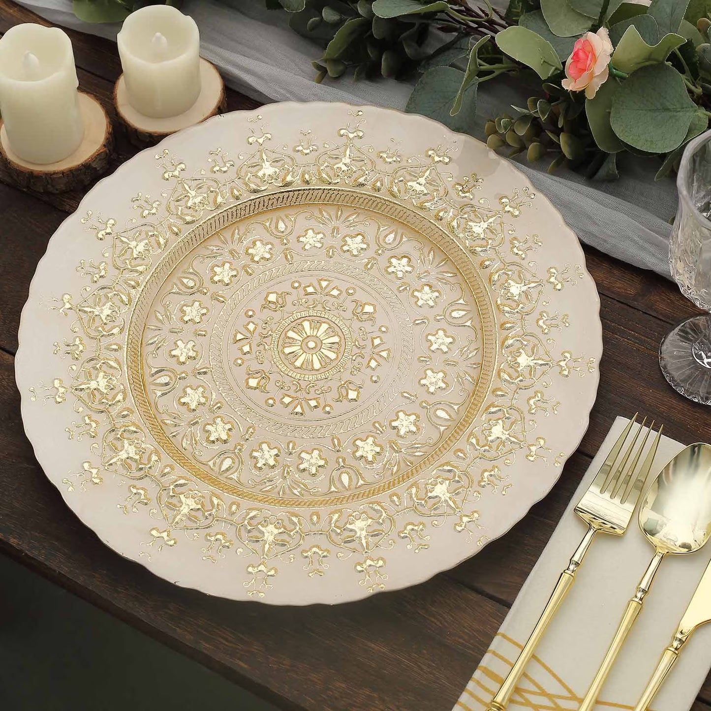 Efavormart 8 Pack - 13" Gold Glass Charger Plates Reusable Rim Charger Plates Spray Design Plates - Perfect for Wedding , Party Decorations, Banquet, Upscale Occasions, Birthday Celebrations