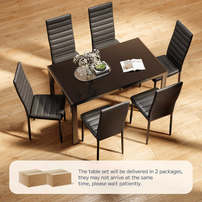 Asofer Modern 7 Piece Dining Table Sets for 6, Glass Kitchen Table, PU Leather Chair, Dining Room, Black