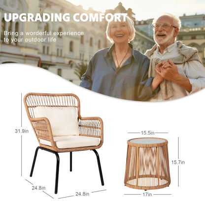 Tappio 3-Piece Patio Conversation Bistro Set Rattan Furniture, Outdoor Patio Set w/Glass Top Table & Cushions for Garden Balcony Backyard Poolside, Yellow/Beige