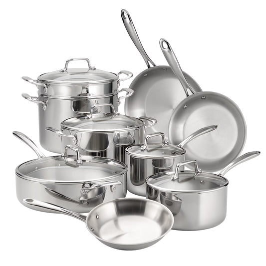 Tramontina 14-Piece Tri-Ply Clad Stainless Steel Cookware Set, with Glass Lids