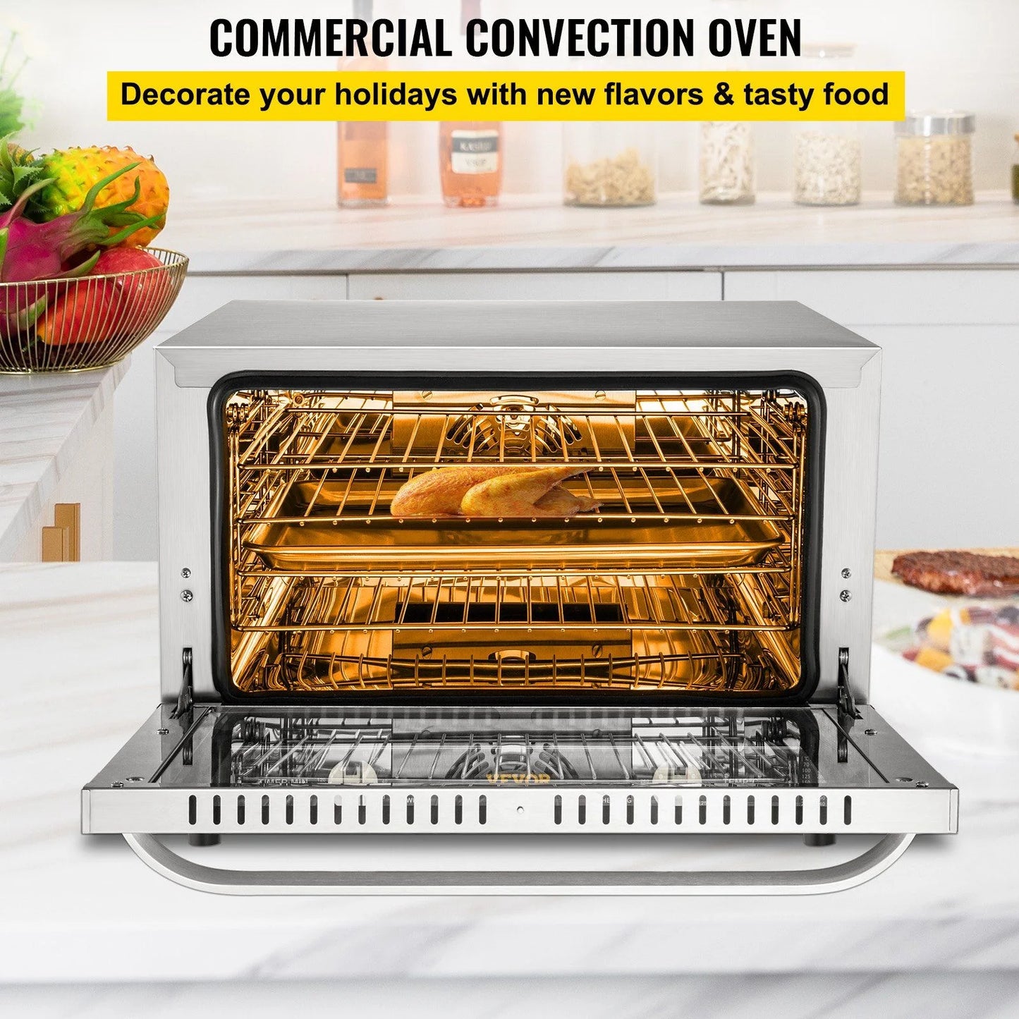 Commercial Convection Oven 47L/43Qt, Half-Size Electric Countertop Baking Oven, 1600W 4-Tier Toaster w/Front Glass Door, Wire Racks, Tray, Bread Clip & Gloves, 120V ETL Listed