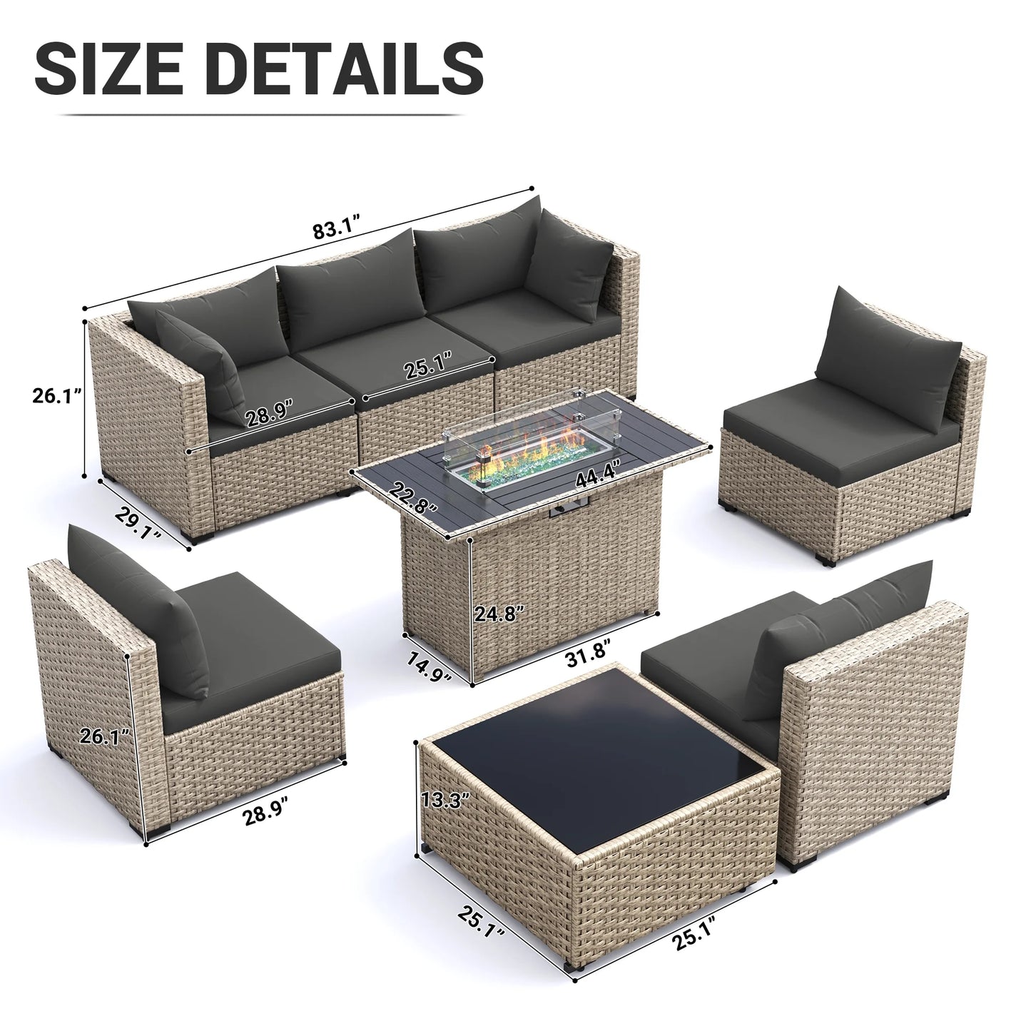 MRUAKA 8 Pieces Patio Furniture Set with Fire Pit Table, Outdoor Furniture Sectional Rattan Sofa with Slanted Back, Patio Couch with Glass Coffee Table for Backyard Garden (Dark Grey)