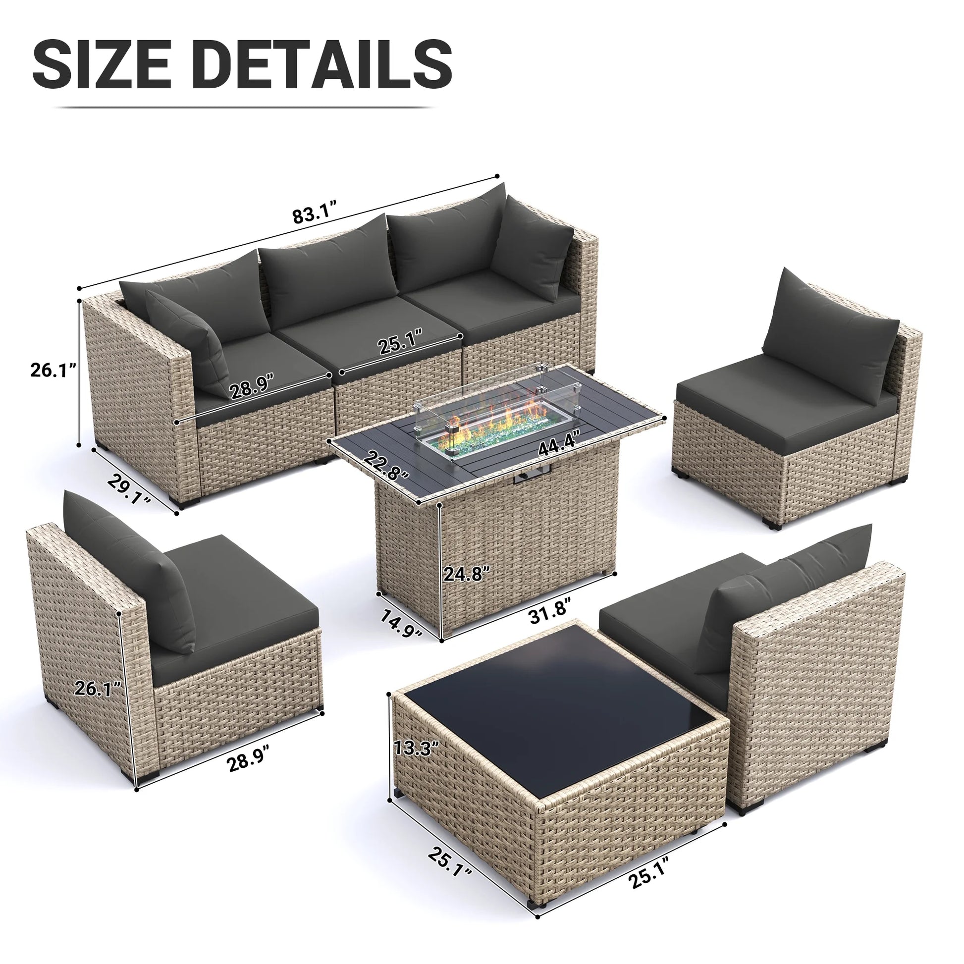MRUAKA 8 Pieces Patio Furniture Set with Fire Pit Table, Outdoor Furniture Sectional Rattan Sofa with Slanted Back, Patio Couch with Glass Coffee Table for Backyard Garden (Dark Grey)