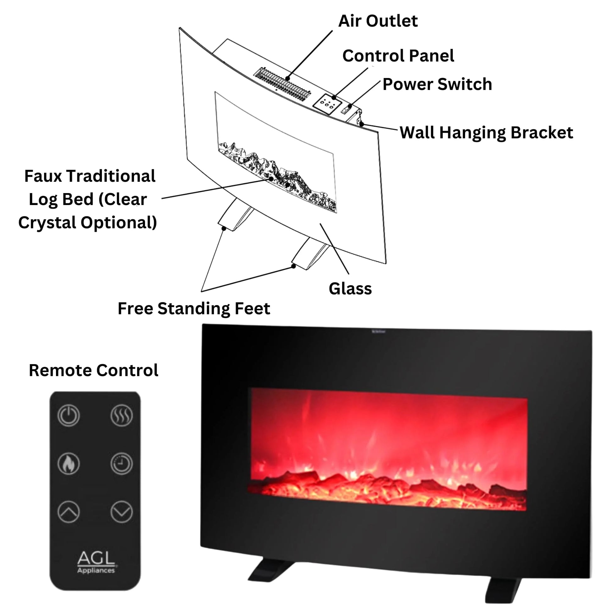 AGL APPLIANCES LLC 38 Inch Electric Fireplace Heater Stove | Tempered Glass Curved Screen with Log or Crystal Effect | Wall-Mounted/Free Standing | Adjustable Brightness with Remote Control