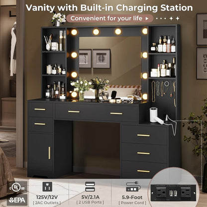 Makeup Vanity Desk with Lighted Mirror & Charging Stations & 6 Drawers Large Vanity Table Bedroom Dressing Table with Glass Tabletop& Side Cabinet& Glass Tabletop, Black