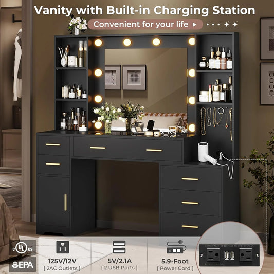 Makeup Vanity Desk with Lighted Mirror & Charging Stations & 6 Drawers Large Vanity Table Bedroom Dressing Table with Glass Tabletop& Side Cabinet& Glass Tabletop, Black