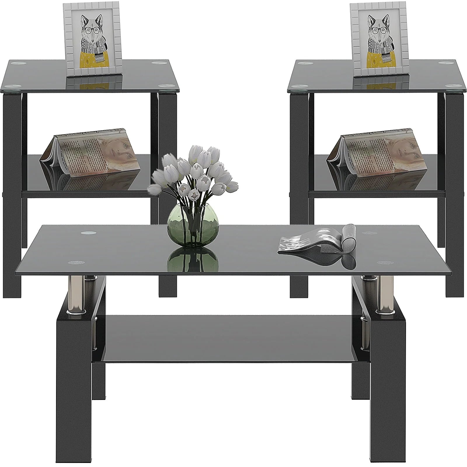Black Glass Coffee Table Set of 3 Piece, Living Room Table Set of 3, Black Coffee Table and End Coffee Table Sets, Metal Frame (All Black A, Set of 3)
