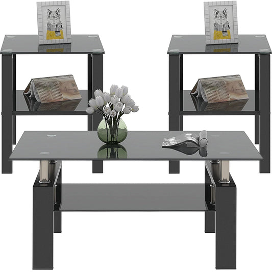 Black Glass Coffee Table Set of 3 Piece, Living Room Table Set of 3, Black Coffee Table and End Coffee Table Sets, Metal Frame (All Black A, Set of 3)