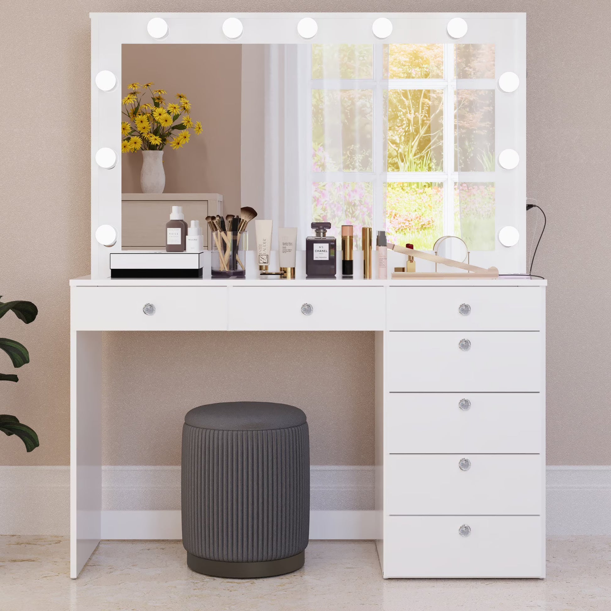 Ember Interiors Modern Large Greige Makeup Vanity Desk with Built-in Lights, Power Outlet with USB Type-C, Glass Top, 7 Drawers and Crystal Knobs
