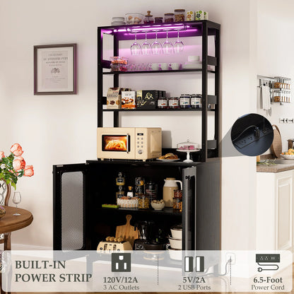 Homieasy Bar Cabinet with Power Outlets, 67" Tall Wine Cabinet Liquor Cabinet with LED Lights and Glass Holder, Coffee Bar Station for Kitchen, Dining Room, Living Room, Black