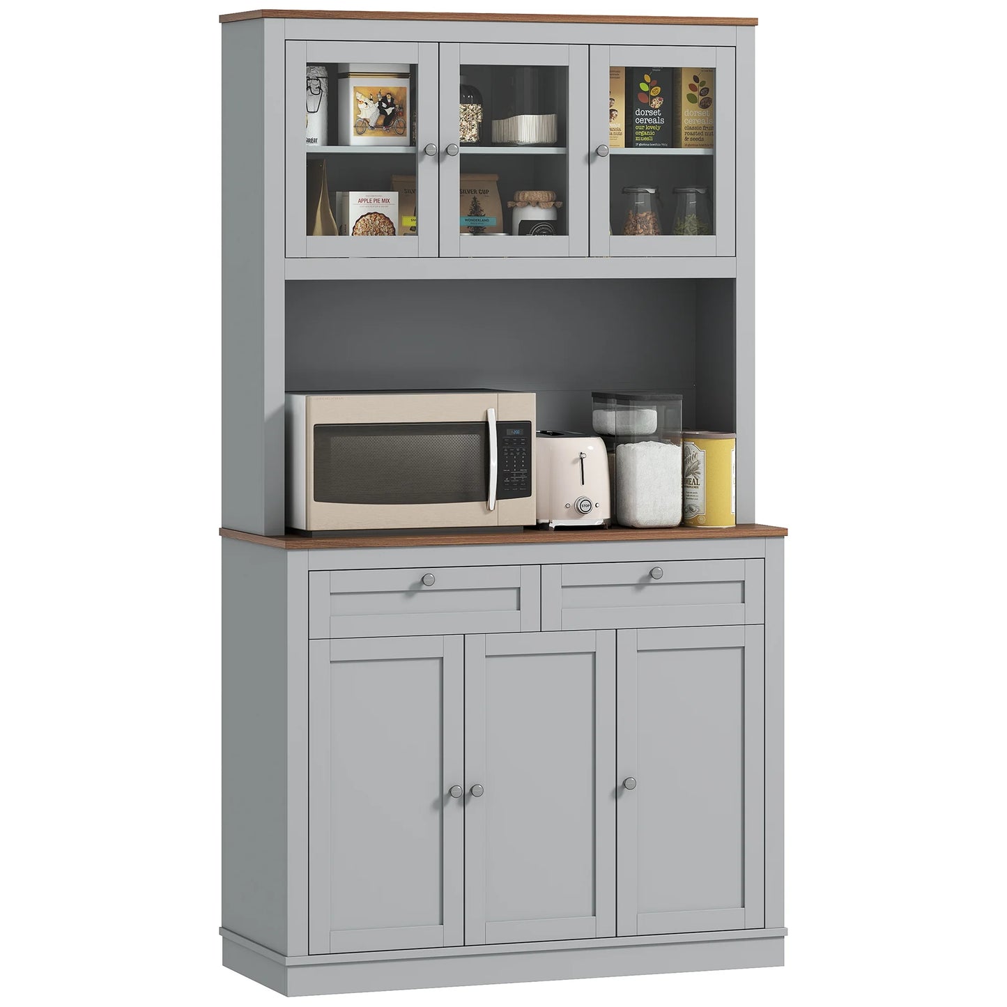 HOMCOM 71" Tall Kitchen Pantry Storage Cabinet with 2 Drawers, Microwave Cabinet with Adjustable Shelves and Glass Doors, Gray