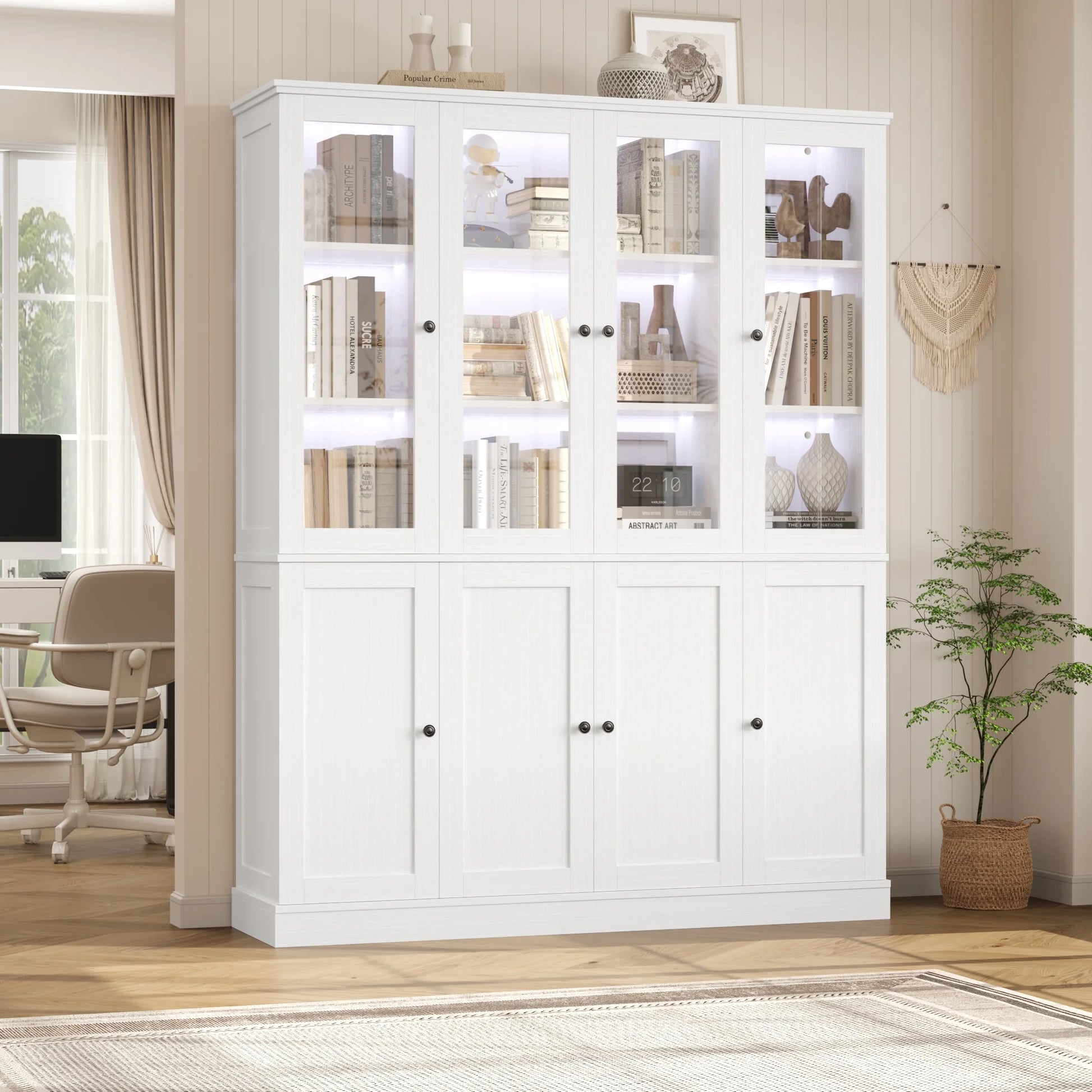 Homfa Kitchen Pantry Cabinet with Glass Doors, 74° Tall Display Cabinets with LED & Adjustable Shelves for Living Room Office, White