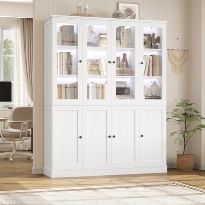 Homfa Kitchen Pantry Cabinet with Glass Doors, 74° Tall Display Cabinets with LED & Adjustable Shelves for Living Room Office, White