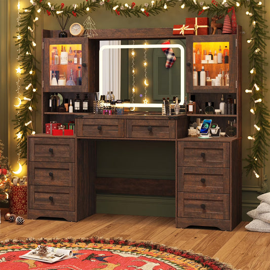 ANPOO 60" Farmhouse Vanity Desk with Outlet, Mirror Lights, Tempered Glass Top, Big Makeup Vanity Table with 2 RGB Glass Cabinets, 60000-color LED Lights, Wood Makeup Desk for Women, Girls, Brown