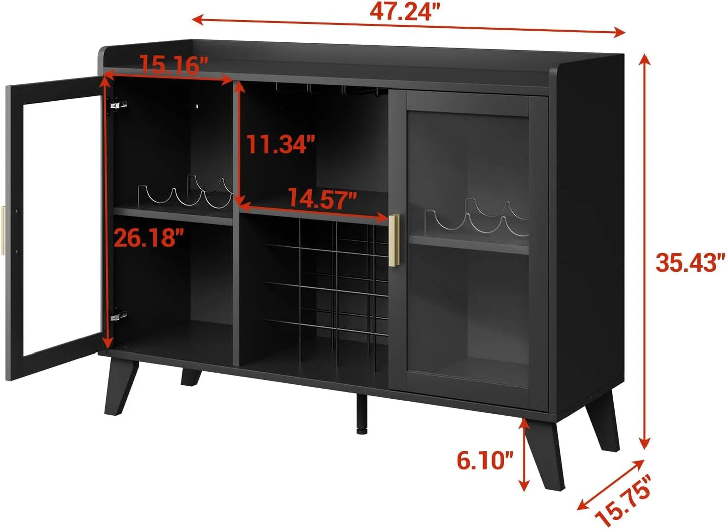 Farmhouse Wine Bar Cabinet with LED Lights, Home Coffee Bar Cabinet with Wine Racks and Glass Holders, Modern Buffet Sideboard with Acrylic Doors and Drawer for Dining Room, Bar, Living Room, Black