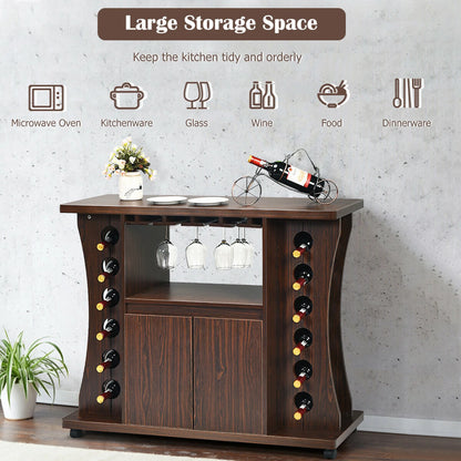 Gymax Rolling Buffet Sideboard Wooden Bar Storage Cabinet w/Wine Rack & Glass Holder