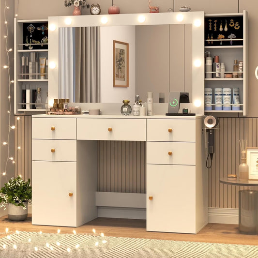 White Vanity Desk with Large Lighted Mirror & Power Outlet, Makeup Vanity Table with Glass Top & Drawers, Sliding Storage, 44.1" Large Makeup Vanity Table for Women Girls, White