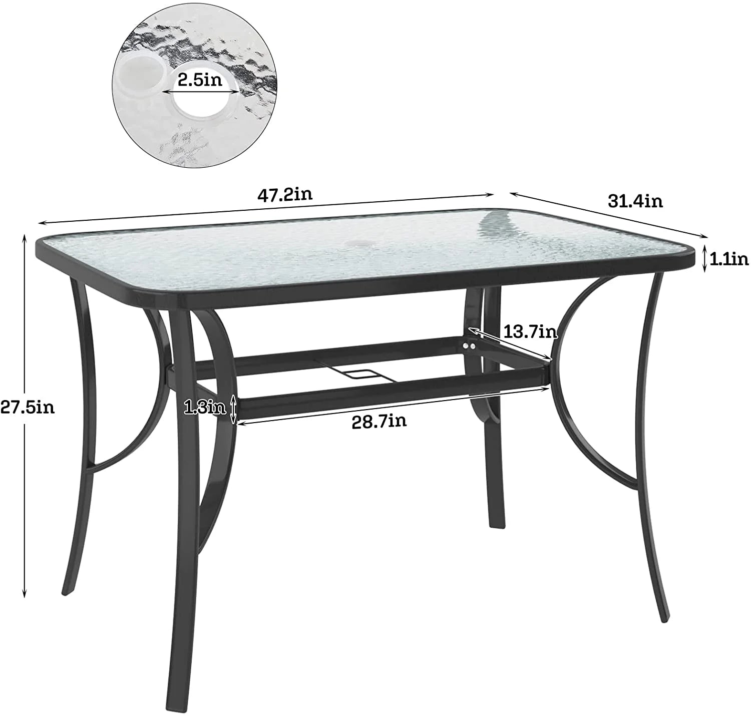 Soges 47 Inch Outdoor Tempered Glass Table Patio Table, Patio Coffee Table, Outdoor Dining Table for Garden, Balcony, Backyard, Poolside, Lawn, Bistro Table with Umbrella Hole, Black