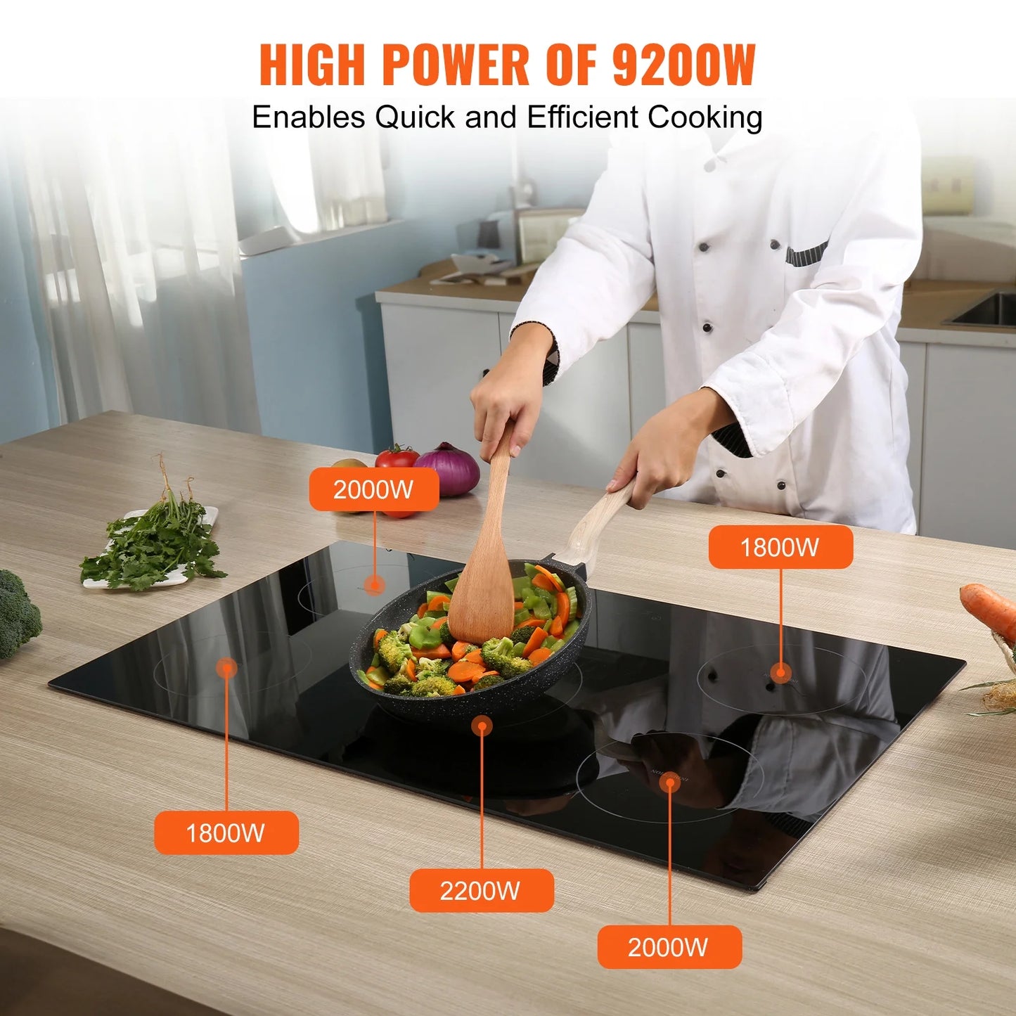 KFFKFF 36in Electric Cooktop, 5 Burners Ceramic Glass Stove Top Touch Control 9200W, 9 Heating Level Multifunctional Burner