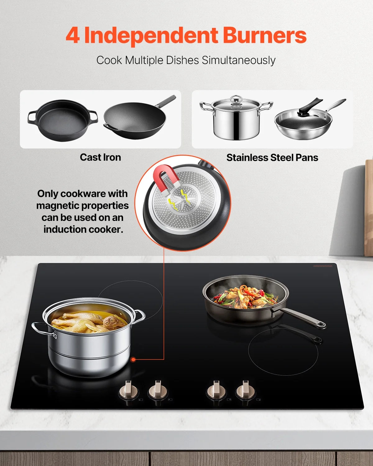 KFFKFF 4 Burner Built-in Electric Cooktop, 6600W 30" Built-in Top Electric Stove, with Knob Control, Temperature & Power Levels, Glass Top, Independent Control for Different Pots