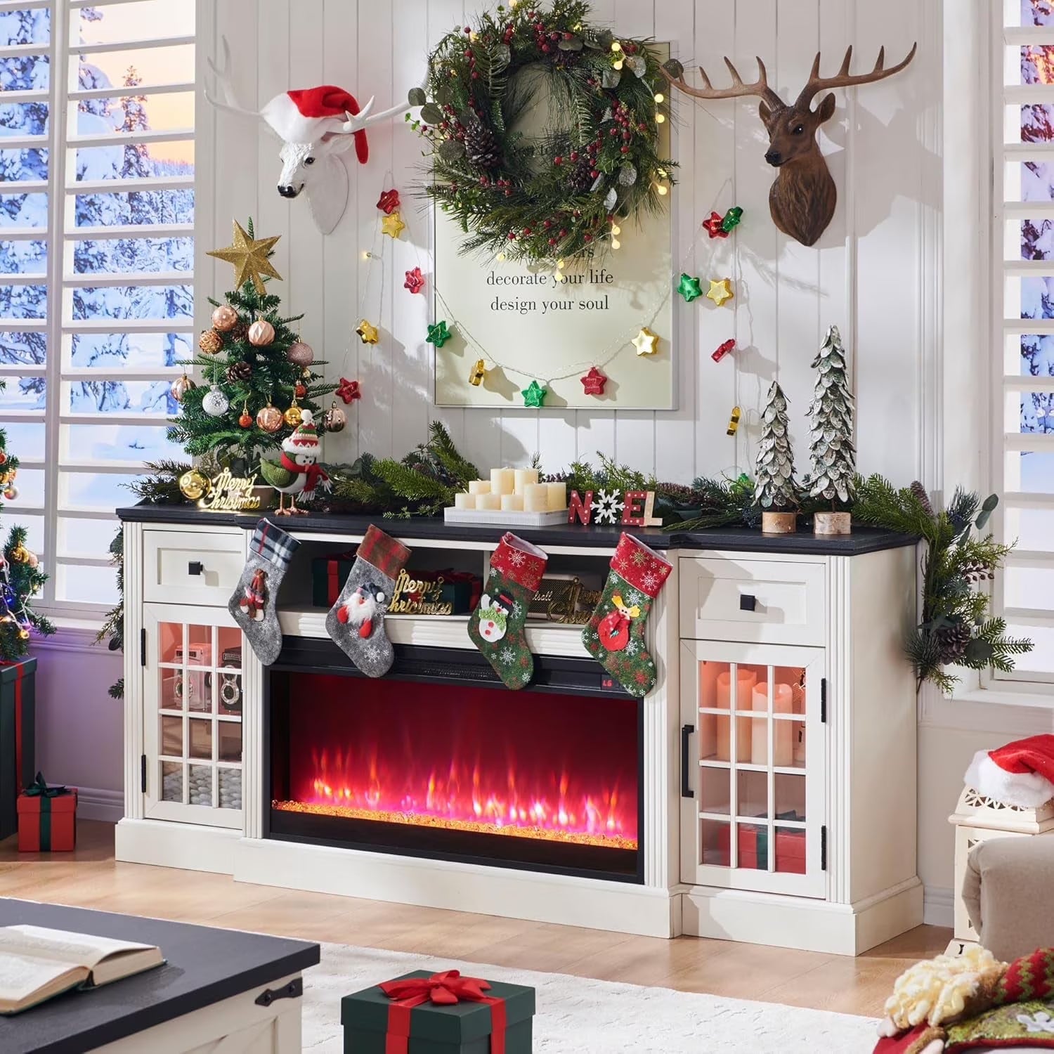 T4TREAM Fireplace TV Stand for 80 Inch TV, Farmhouse Highboy Entertainment Center with 36" Electric Fireplace, LED Lights, Glass Door Cabinet & Storage Drawer, White