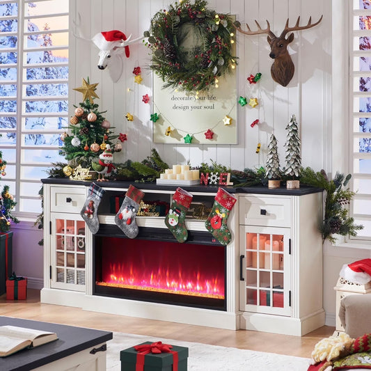 T4TREAM Fireplace TV Stand for 80 Inch TV, Farmhouse Highboy Entertainment Center with 36" Electric Fireplace, LED Lights, Glass Door Cabinet & Storage Drawer, White