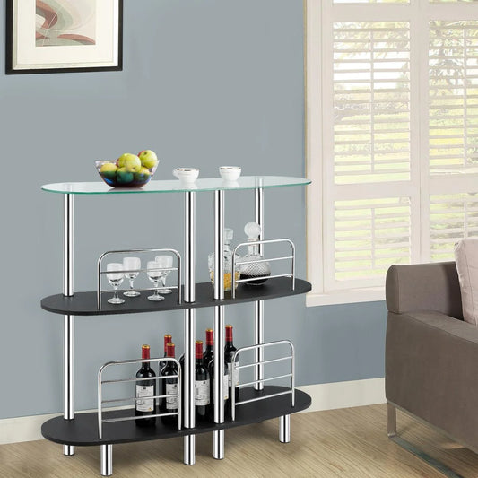 Giantex 3-Tier Glass Liquor Bar Cabinets, Wine Bar Storage with Tempered Glass Counter Top and Metal Frame, Bar Unit with 2 Shelves, Bar Organize Ideal for Home/Kitchen/Bar/Pub