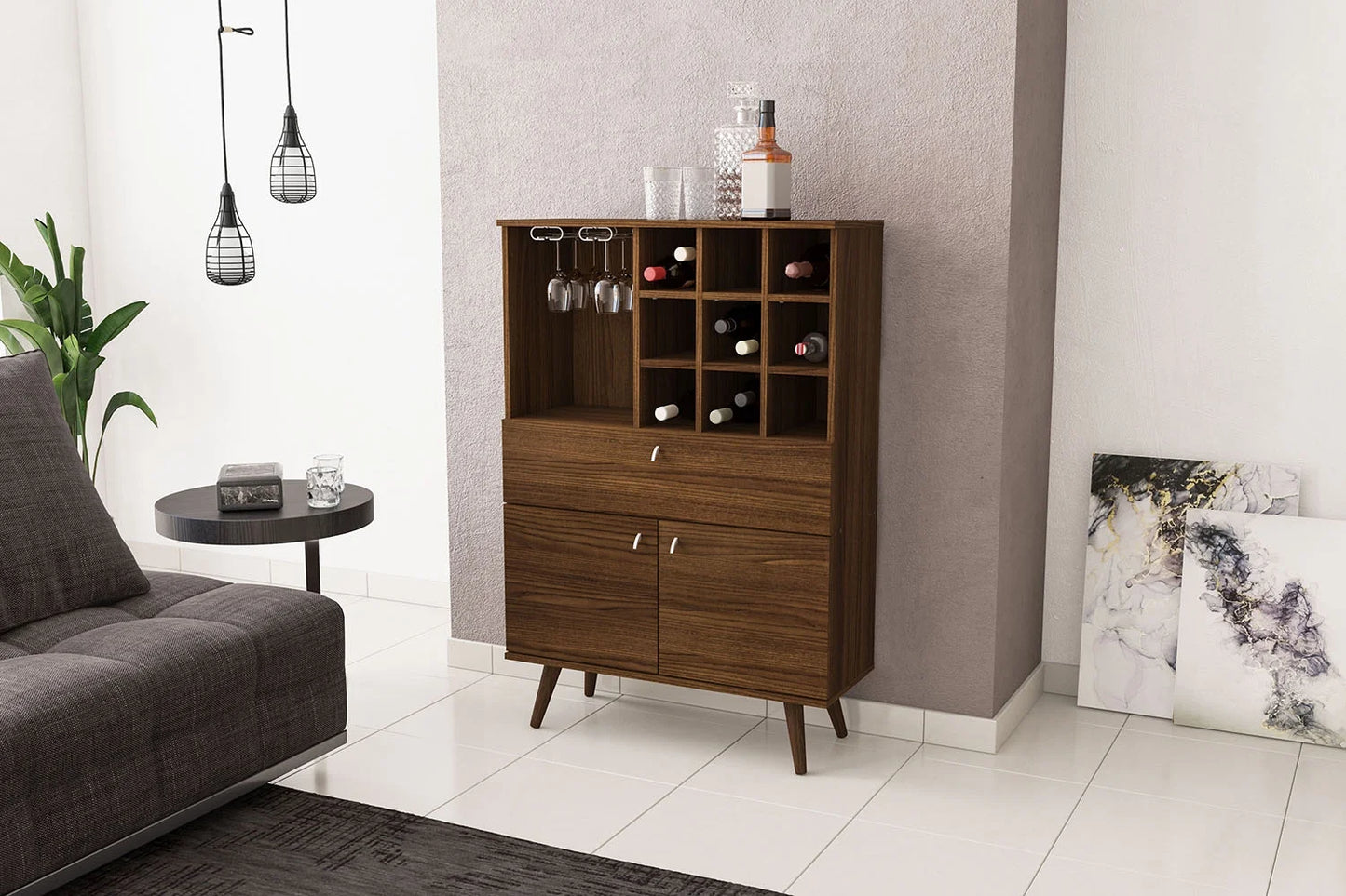 Polifurniture Salamanca Modern Bar Cabinet with Wine Rack and Glass Holder, Walnut