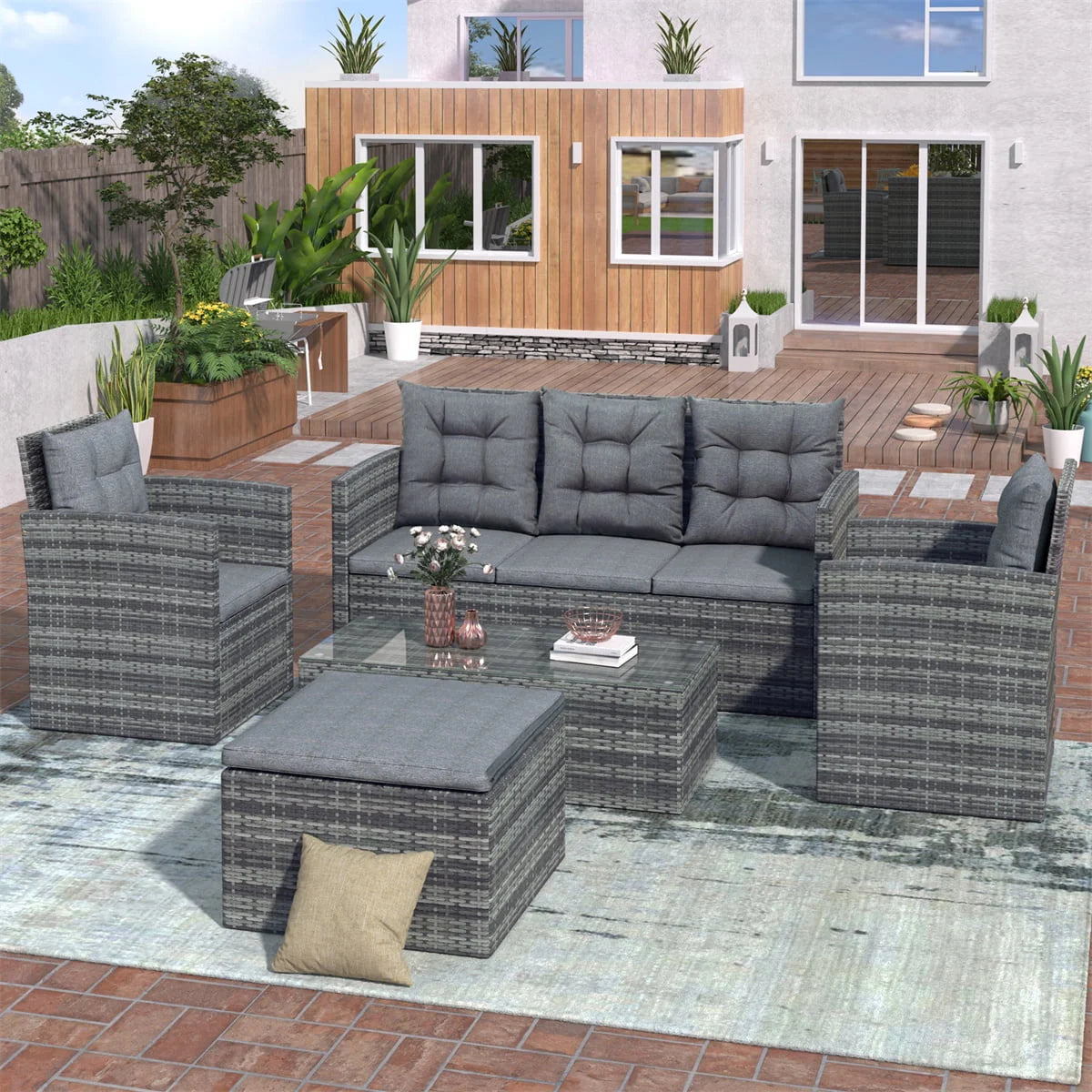 5 Piece Patio Furniture Sets, Outdoor Conversation Sets with Glass Coffee Table, Wicker Rattan Sectional Sofa Couch with Storage Bench, Ottomans & Cushions for Garden, Pool, Backyard, Gray