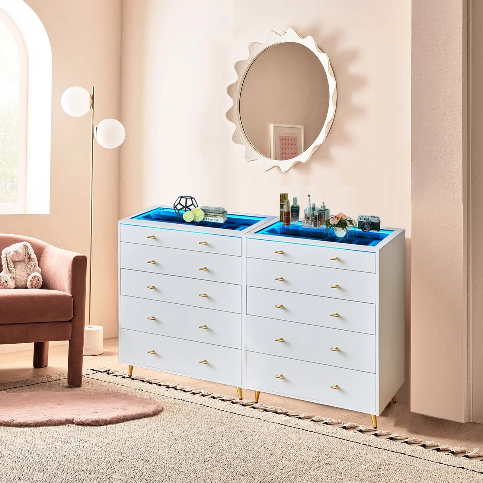 JanflyHome Drawer Dresser with LED Lights, Glass Top, Dresser with 5 Drawers Modern Storage Cabinet for Adult