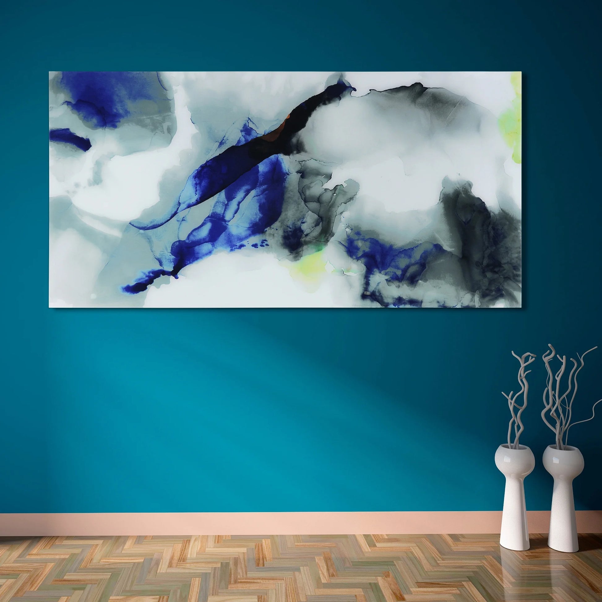 Empire Art Direct Blue Splash Frameless Free Floating Tempered Glass Panel Graphic Wall Art, 72" x 36", Ready to Hang