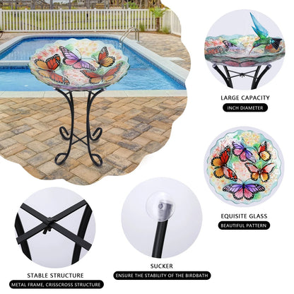 Glass Birdbath with Metal Stand Outdoor for Lawn Yard Garden Butterfly Decor, 18” Dia 21.65” Height