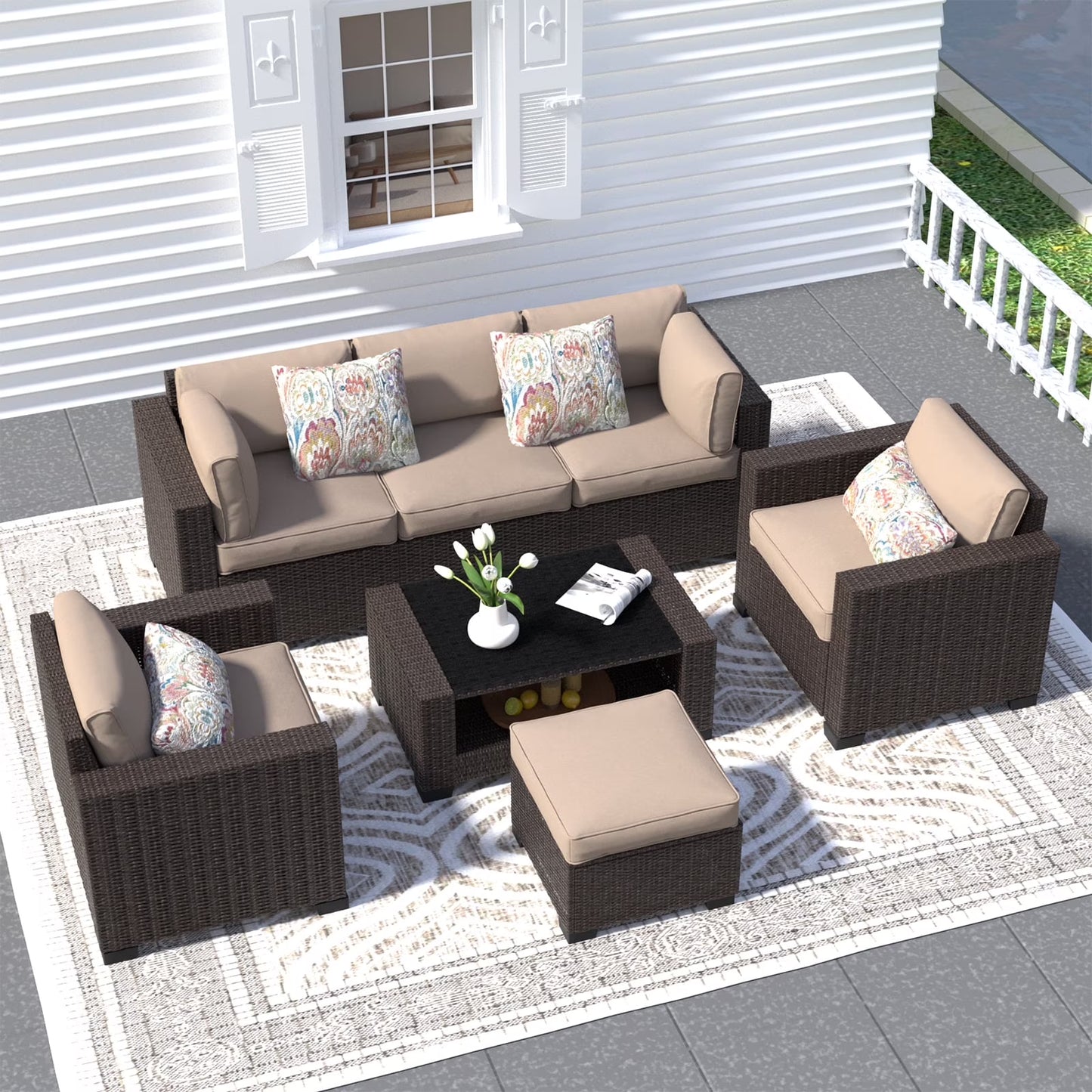 SHGJ& SOFT 7 Piece Patio Furniture Set, Wicker Outdoor Sectional Sofa with Washable Cushion Covers and Tempered Glass Table, Rattan Conversation Set for Poolside, Lawn, Balcony