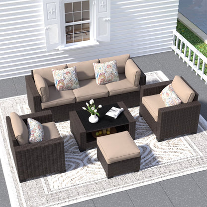 SHGJ& SOFT 7 Piece Patio Furniture Set, Wicker Outdoor Sectional Sofa with Washable Cushion Covers and Tempered Glass Table, Rattan Conversation Set for Poolside, Lawn, Balcony