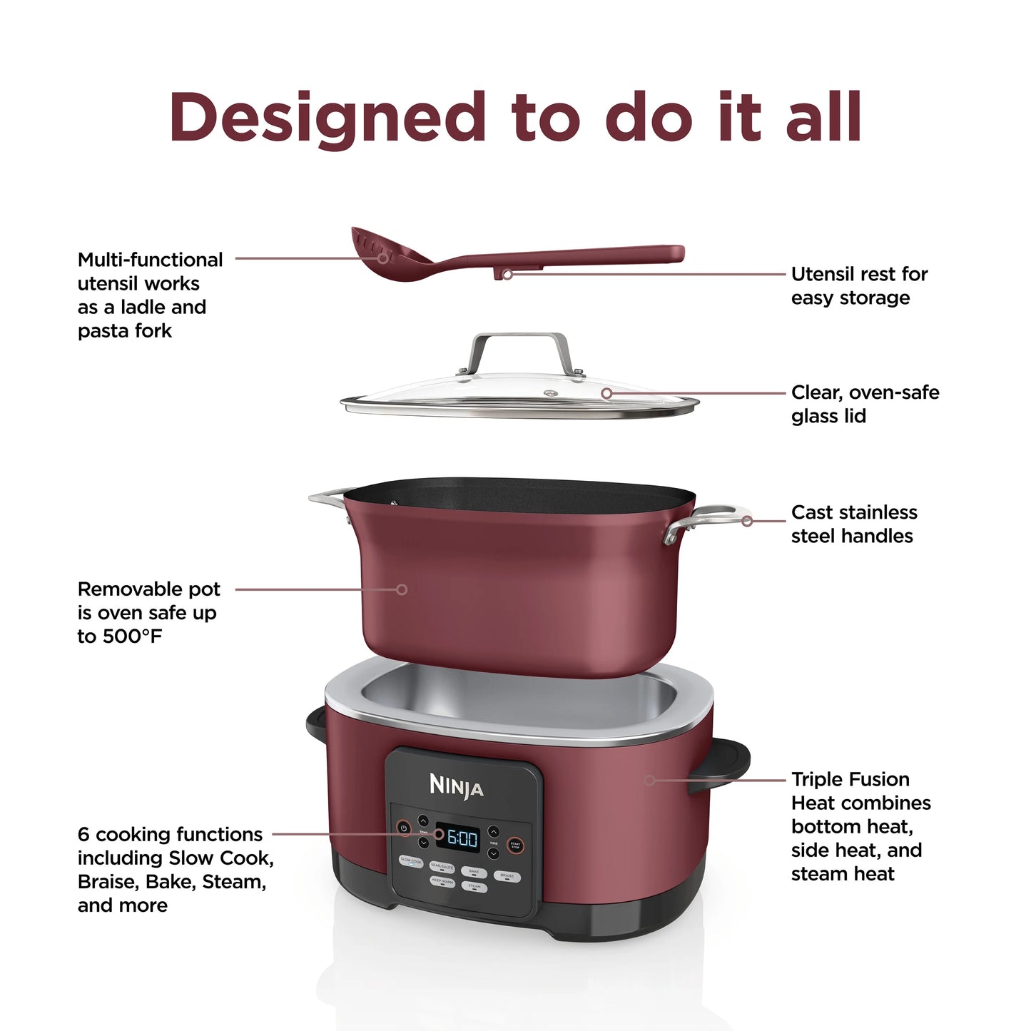 Ninja Foodi Possible Cooker, 8.5 Quart, 6-in-1 Multi-Cooker, Slow Cooker, Steamer, Glass Lid Integrated Cooking Utensil, Nonstick, Oven Safe Pot to 500° F, Cherry Tarte, MC1000WM